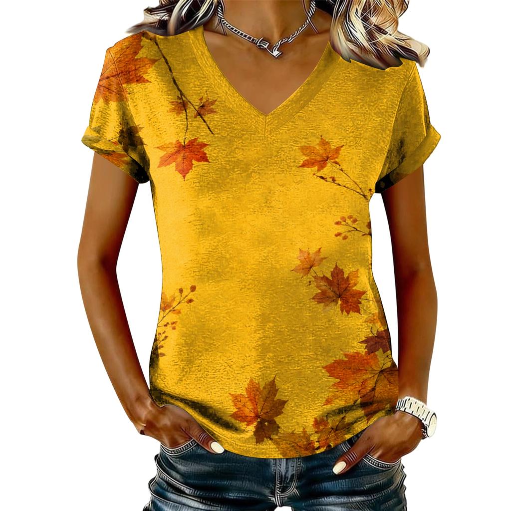 Women's V-Neck Short Sleeve Top with Maple Leaf Print for Casual Everyday Wear
