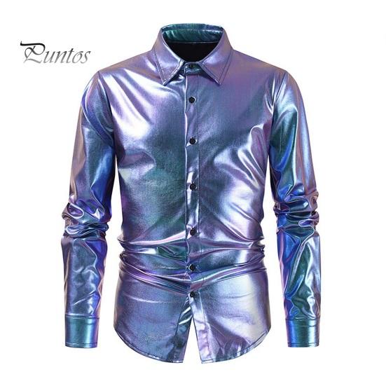 

Мужская рубашка для выступлений с глянцевой поверхностью и отложным воротником, однобортная, с длинными рукавами и пуговицами, атласная клубная вечеринка, дискотека, сценическое шоу 3XL