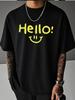 Unisex Beige Crew Neck Short Sleeve Tee Hello Smile Yellow Letter Print Loose Casual Daily Male Street Summer Fashion Tops