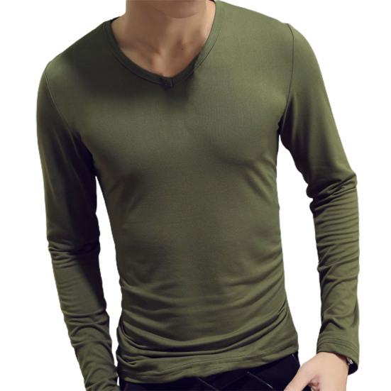 Men Shirt Solid Color Pullover Casual V Neck Long Sleeve Slim Autumn Base Shirt for Daily Wear