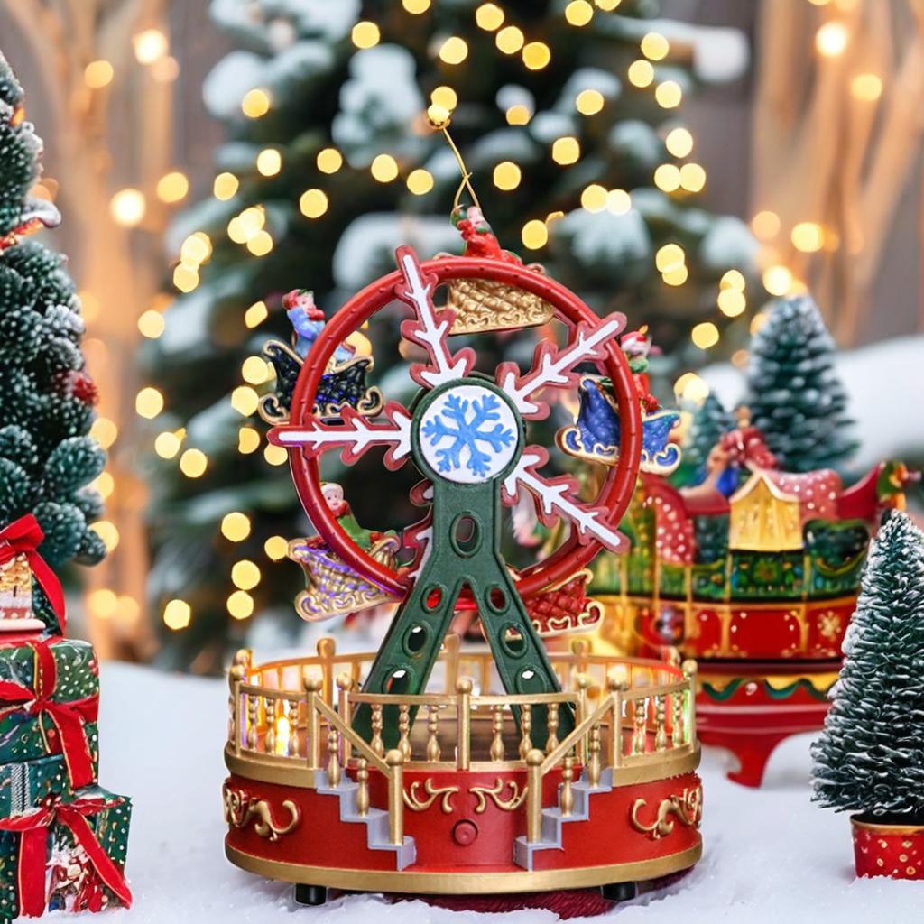 New Hot Sale Music Box Movement Christmas Ferris Wheel with Figurines Colorful Lights Indoor Christmas Decorations