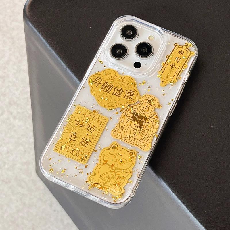 Transparent Epoxy Gold Foil Fortune Text Suitable for iPhone17 Apple 15ProMax/14/13 Mobile Phone Case Niche