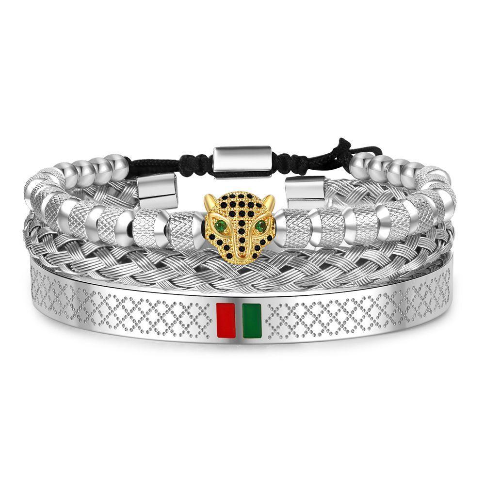 Hip Hop Leopard Head Zircon Copper Stainless Steel Bracelets Set For Men And Women