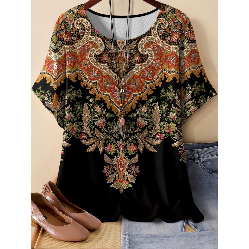 Vintage Paisley Graphics Women's Short Sleeve T-Shirt Ethnic Style O-Neck 3D Printed Top Tees Summer Loose Women's Clothing