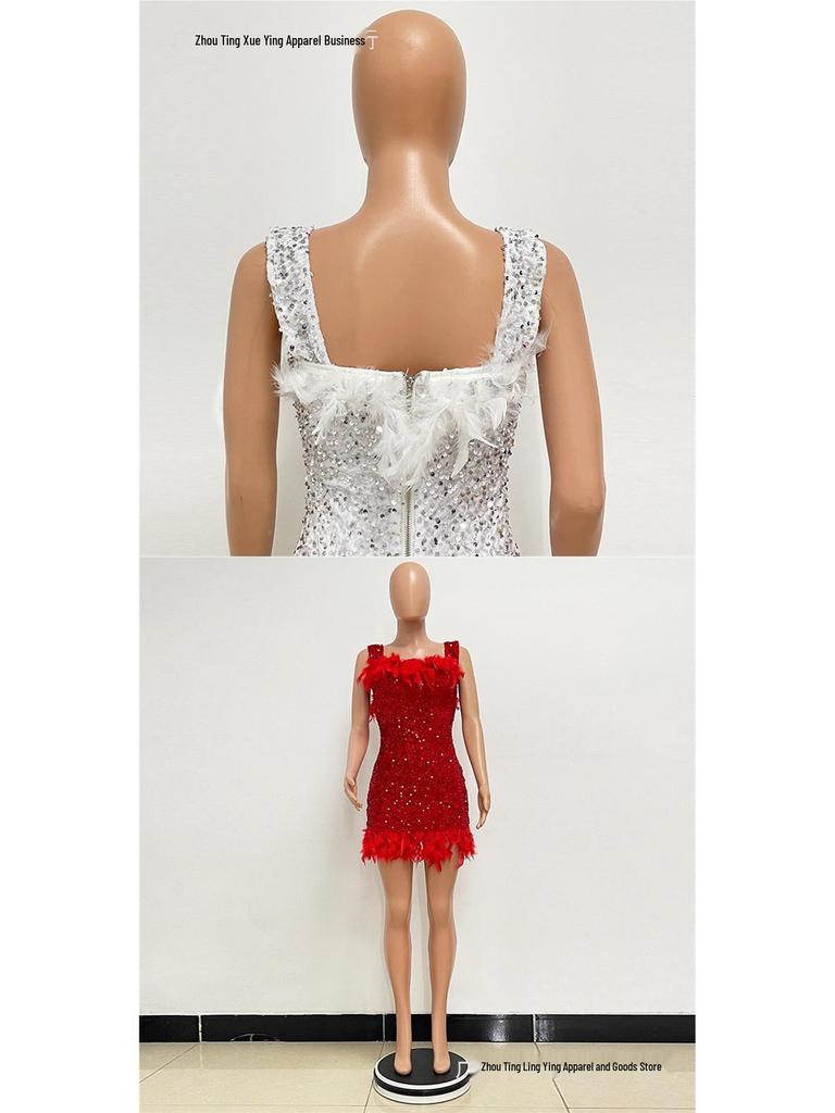 European & American Women's Summer Sequin One-Shoulder Backless Beach Dress - Hot Girl Feather Bodycon Style