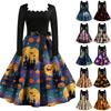 Women Vintage Long Sleeve Square Neck Halloween Printed Evening Party Dress with Belt and Gothic Style Skirt