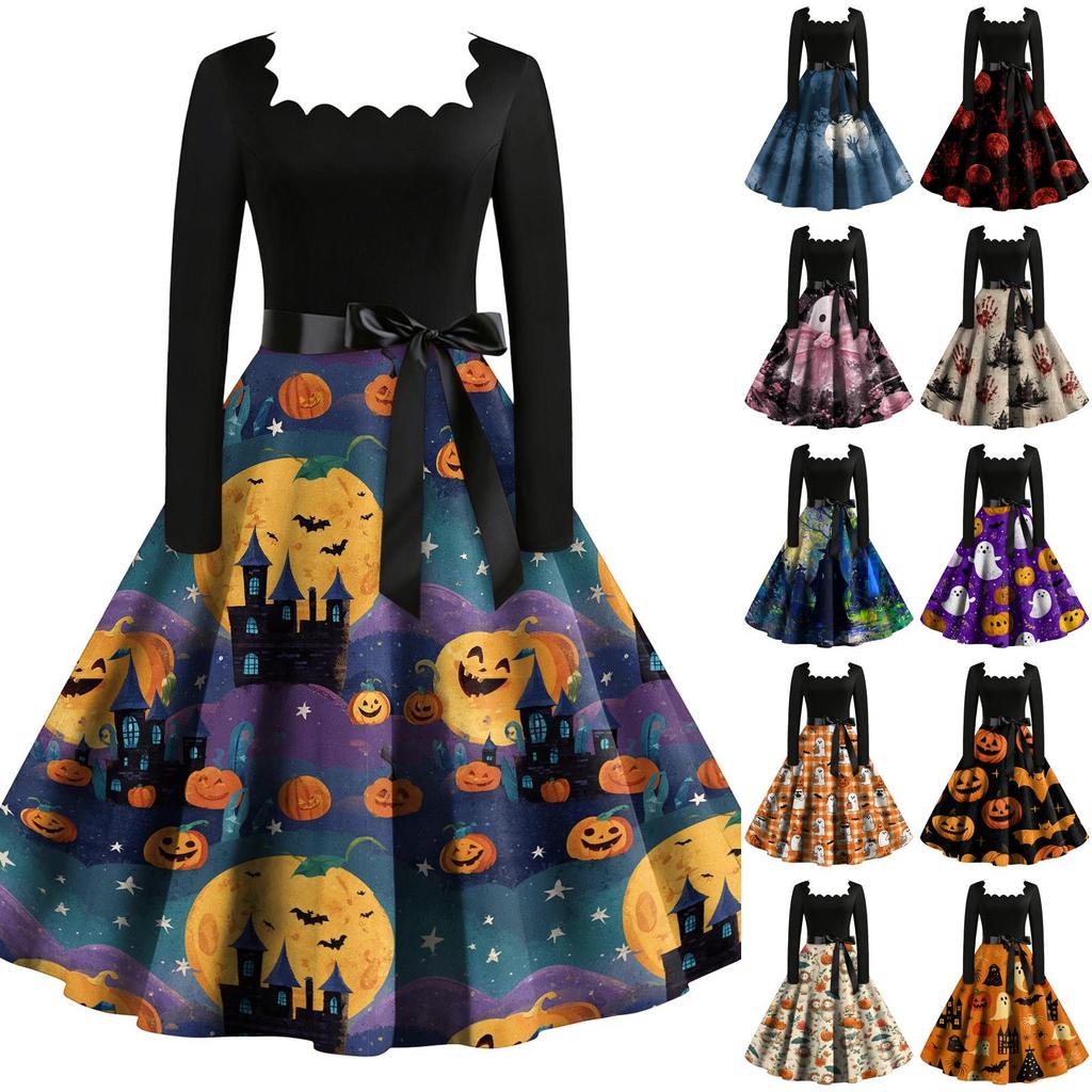 Vintage Long Sleeve Square Neck Halloween Party Dress with Printed Skirt and Waist Tie Retro Style Midi Dress for Women