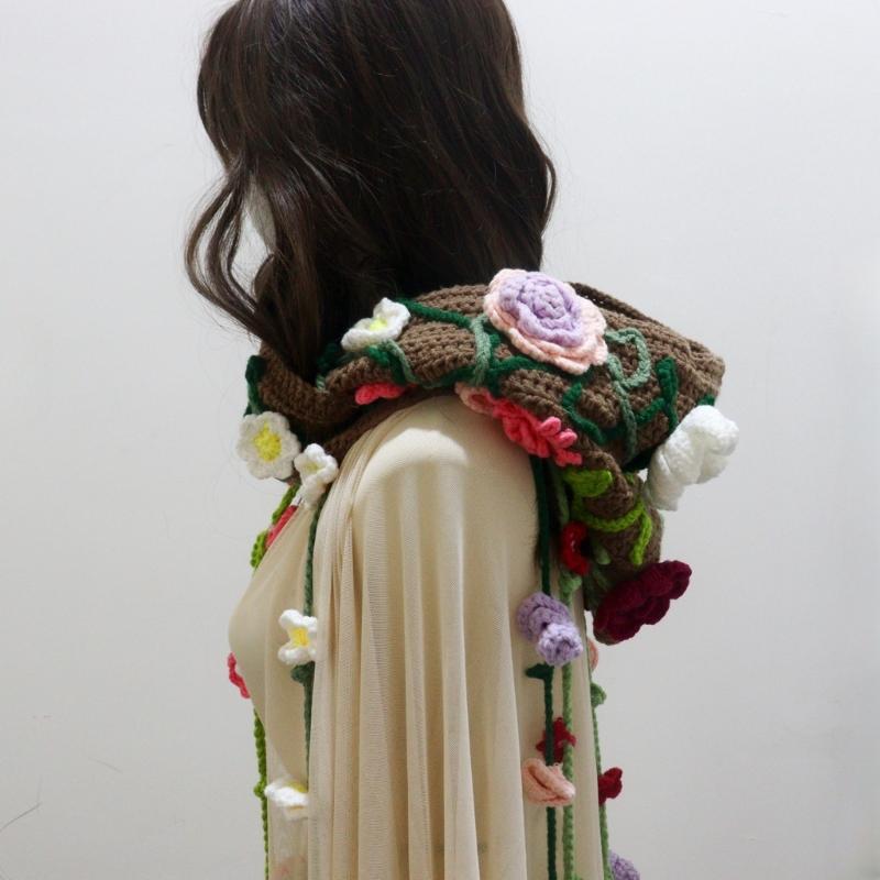 Bohemian Hooded Capelet Hat Comfortable Crochet Design Fringe Headwear with Floral Detailing Soft Winter Wear Gear