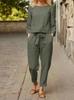 Dames Retro Linnen Tweedelig Pak - Casual Lente/Zomer Stijl met Elastische Tailleband en Trekkoord