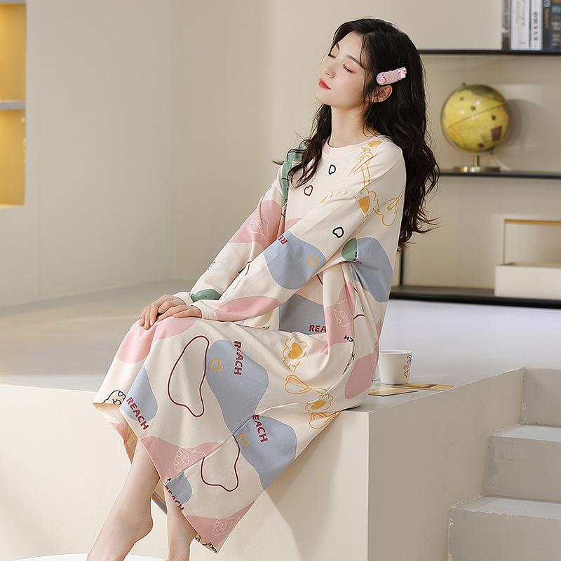 Pajamas Ladies Spring And Autumn Cotton Long Sleeves Cartoon Loose Large Size Long Dress Knee Dress Cute Pajamas Autumn Styles