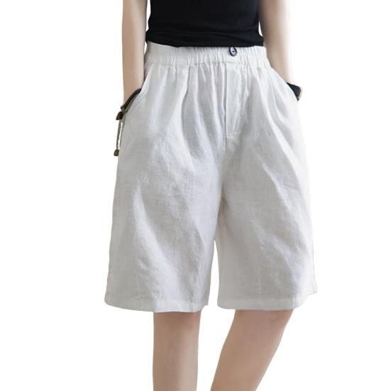 Women Shorts Wide Leg Elastic Waist Casual Pants Solid Color Loose Fit Knee-Length Sporty Shorts with Pockets