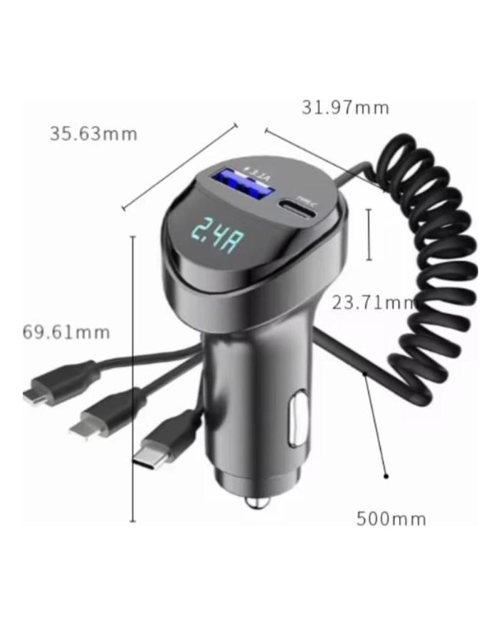 3in1 Car Bluetooth 5.0 FM Transmitter Audio MP3 Player 55W Fast Charging Car Charger with Retractable Cable Voltmeter 3.1A USB Type C Phone Charger