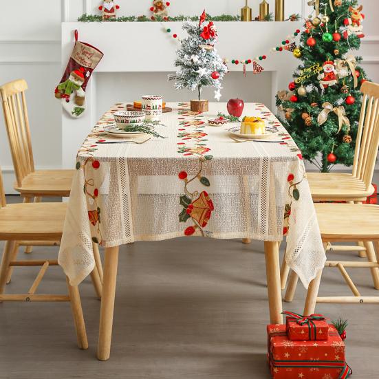 Christmas Lace Tablecloth Embroidered Santa Claus Xmas Bell Table Cloth Festive Dining Table Cover for Holiday Home Dinner Party Decor
