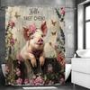 Pink Piggy Floral Shower Curtain, Bathroom Decorative Shower Curtain, Waterproof Shower Curtain with Hooks