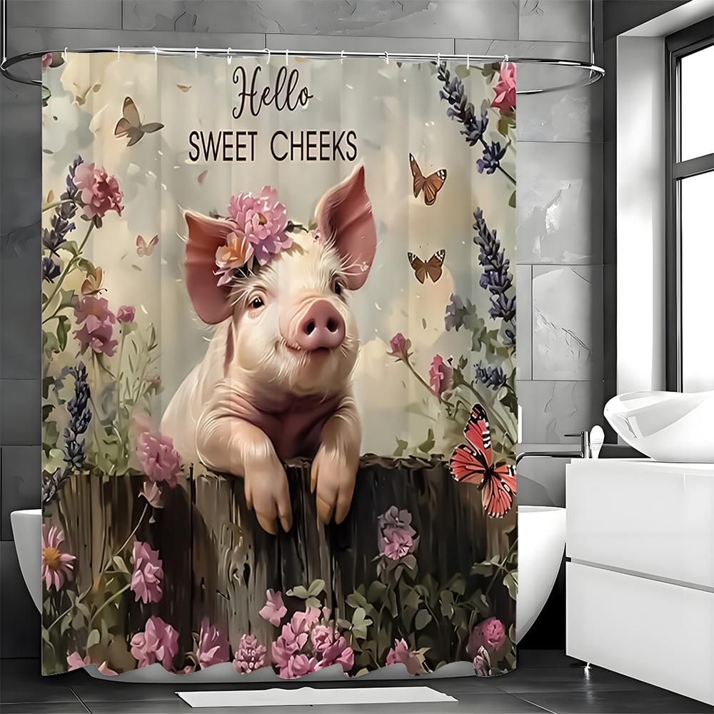 Pink Piggy Floral Shower Curtain, Bathroom Decorative Shower Curtain, Waterproof Shower Curtain with Hooks
