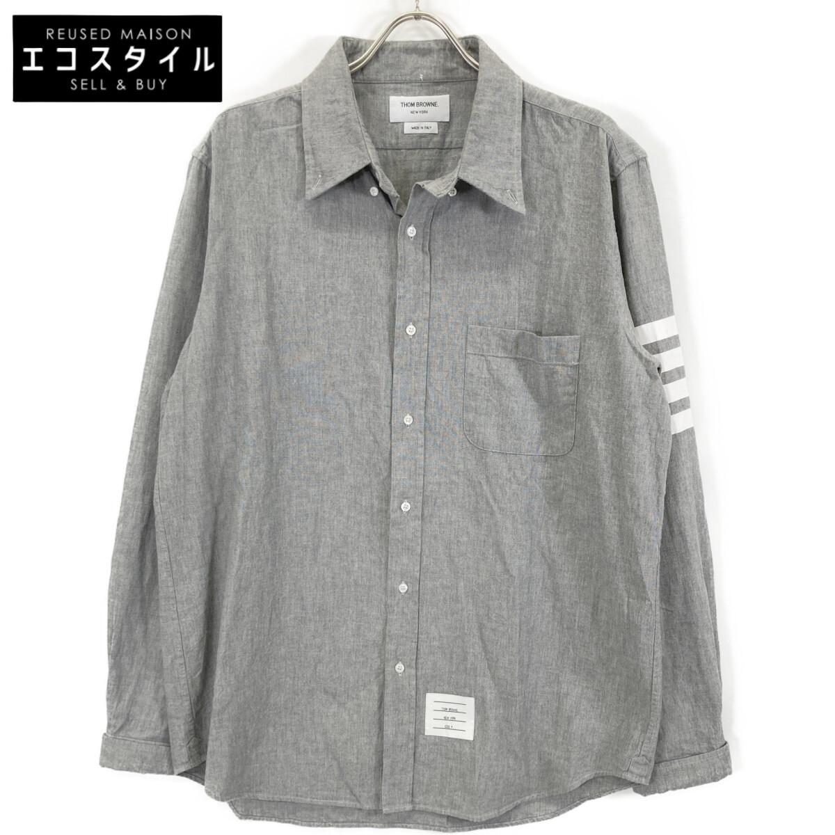 

THOM BROWNE Gray 4-Bar Chambray Long Sleeve Shirt tops 4 grayUsed