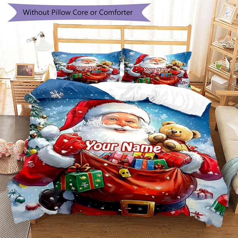 3PC Custom Name Santa Claus Gifts Teddy Bear. Bedding Set Duvet Cover Closure Includes 1 Duvet Cover & 2 Pillowcases for Bedroom