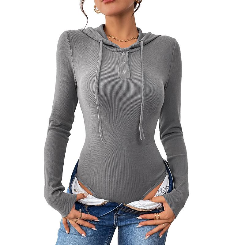 Women's Solid Colour Slim Fashion Bodysuit Autumn and Winter Hooded Pit Stripe Jumpsuit