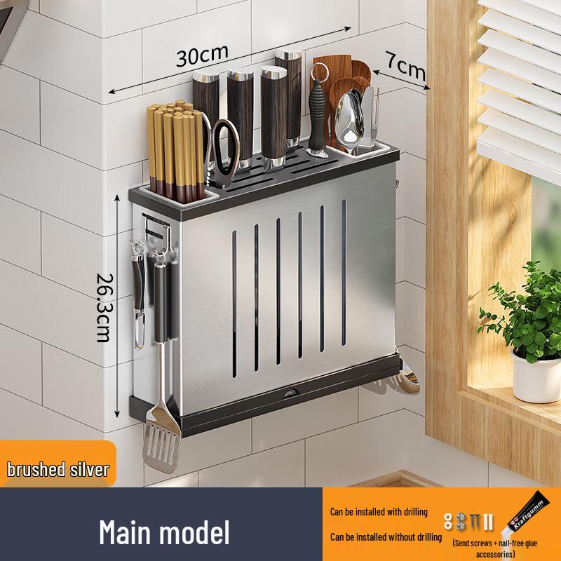 

Punch-Free Stainless Steel Wall-Mounted Kitchen Storage Rack and Knife Holder