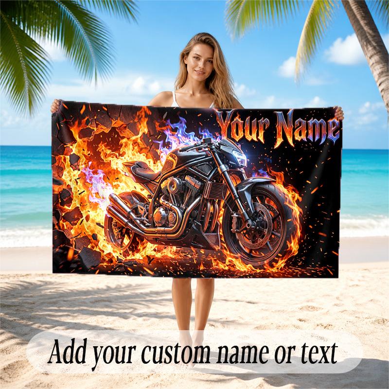 Motorcycle Biker Theme Quick Dry Beach Towel Custom Name Text Print Large Sand Resistant Towel Beach Vacation