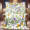 Floral Theme Blanket Soft High-Definition Digital Print White Base with Purple Yellow Flowers and Green Leaves All-Season Use Soft Breathable 100% Pol