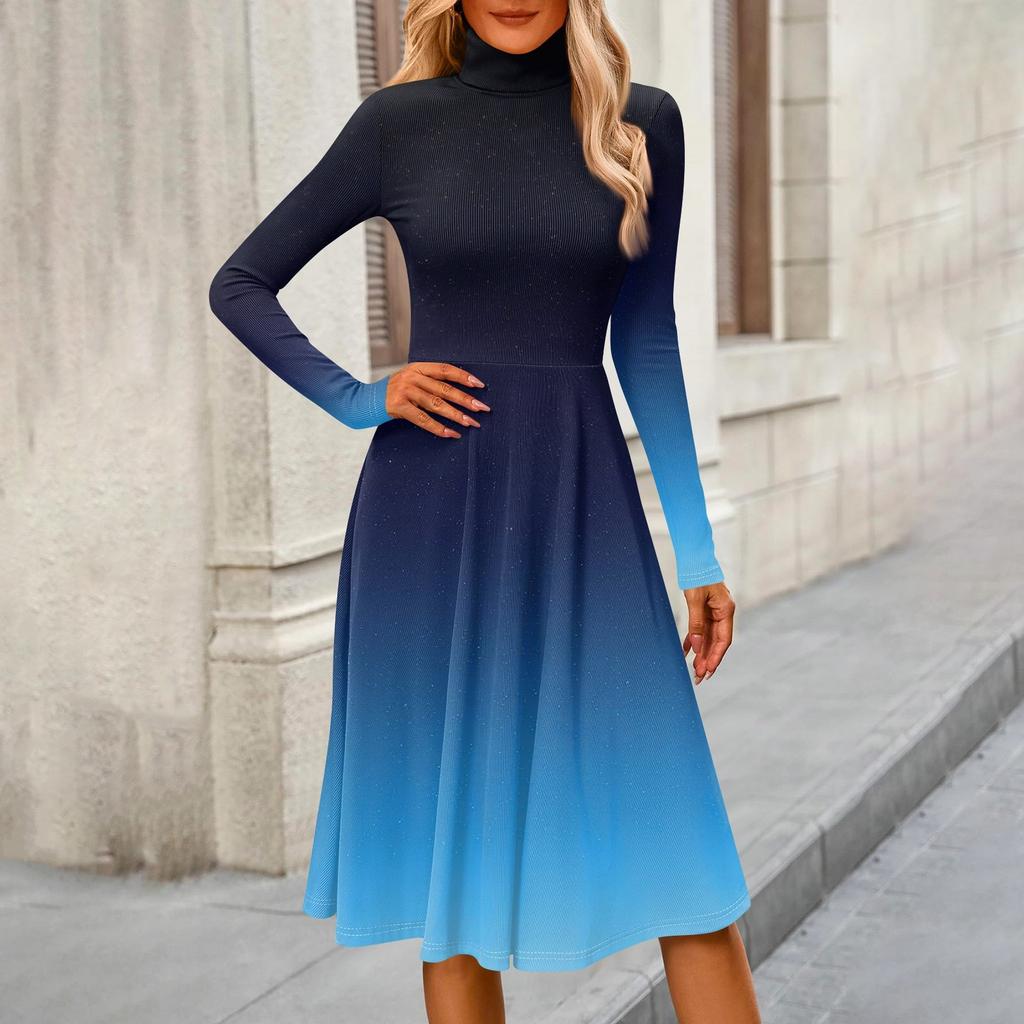Women's Casual Fashion High Neck Long Sleeve Print Midi Dress