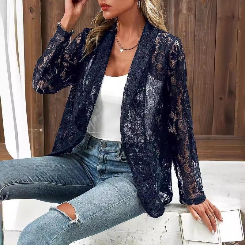 Lace Shirt Spring Summer Womens Versatile Solid Color Jacket Coats Long Sleeve Simple Hollow Design Fashion Versatile