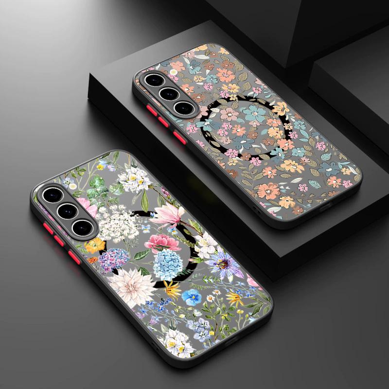 Magnetic For Magsafe Case For Samsung Galaxy S26 Ultra S25 S24 Plus S23 S22 S21 FE Vintage Floral Pattern Matte Cover
