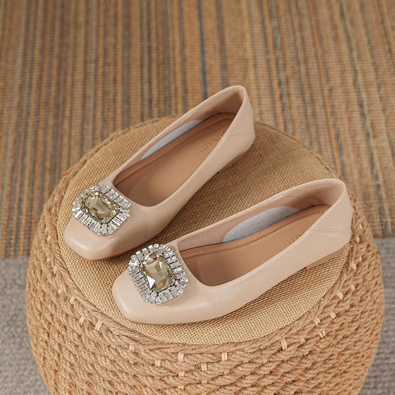 Women's Genuine Leather Slip-On Flats, Nude, Square Toe, Soft Sole, Plus Size, 2025 Edition