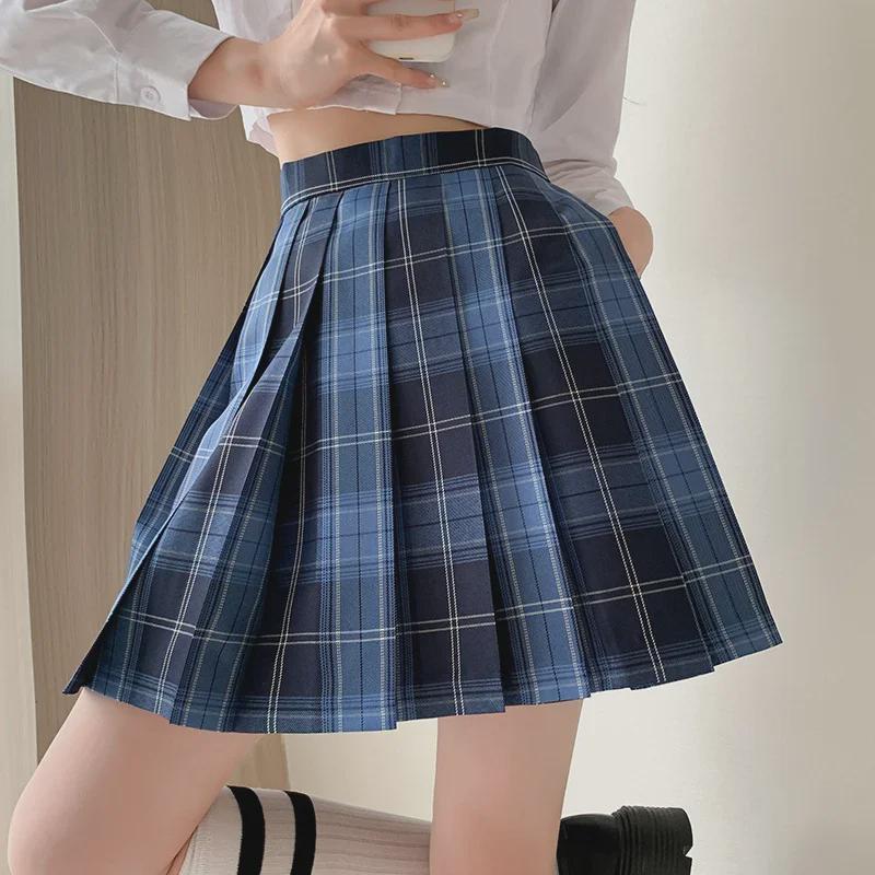 JK Plaid High-Waist Pleated Skirt - Blue, Large Size, Traditional Japanese College Style Student Uniform.