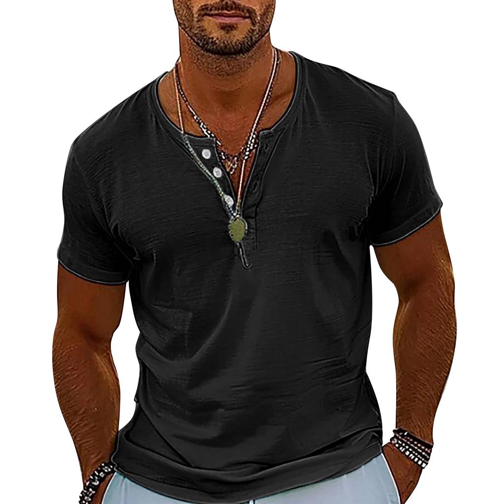 Vintage Summer Men's T-Shirt Streetwear 3 Buttons Open Fly Loose Clothing Print Short Sleeve T-Shirt