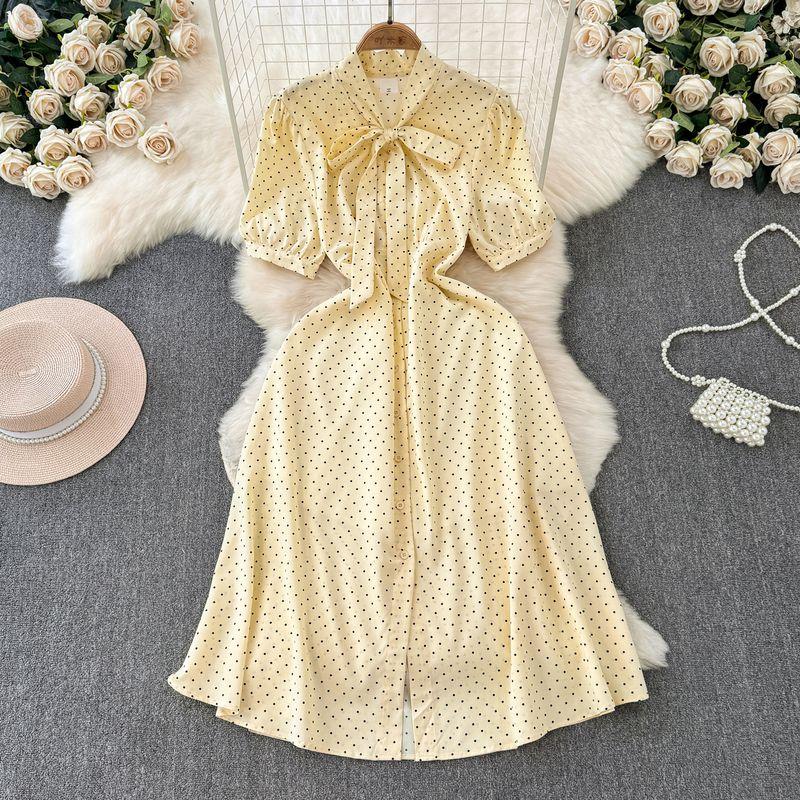 

Французское классическое платье с коротким рукавом в горошек, женское, лето 2024, новое поступление, офисное, универсальное, средней длины, длинное, юбка А-силуэта Apricot color One size