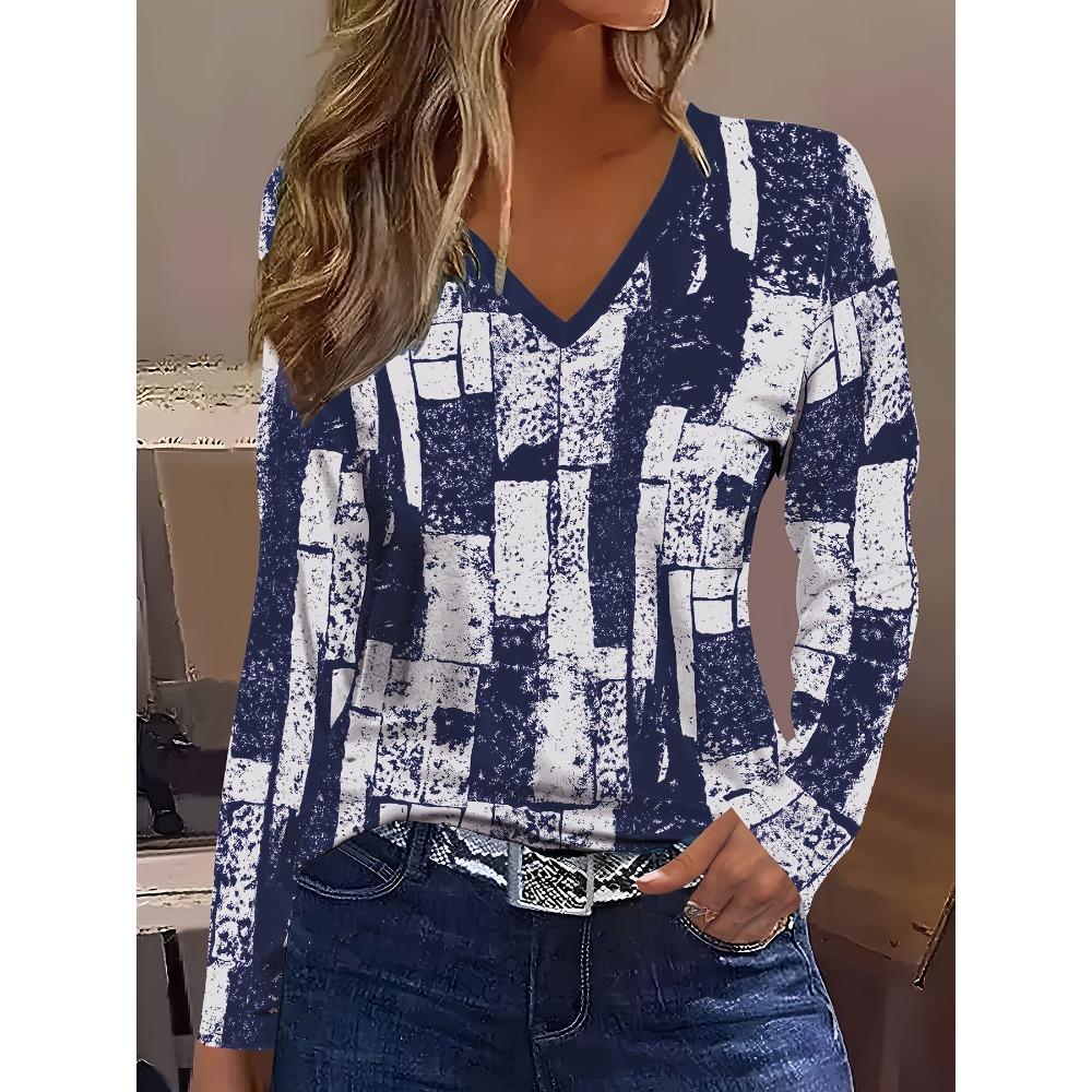 Abstract painting geometric plaid print V-neck elegant long-sleeved T-shirt casual daily sports shirt autumn and winter new women's long-sleeved top