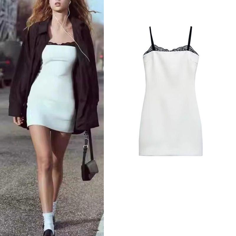 Summer New Women clothes Design Sense Niche Waist Hugging Lace Stitching Sheath Sling Dress 2311707