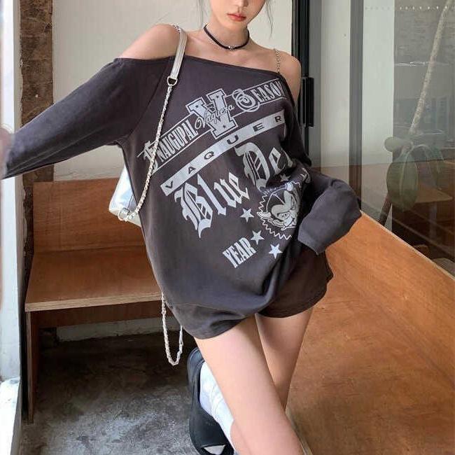 2026 European and American Spice Girls Sexy One-word Shoulder Long Sleeve T Summer Loose Temperament Pure Desire Short Off-Shoulder Top