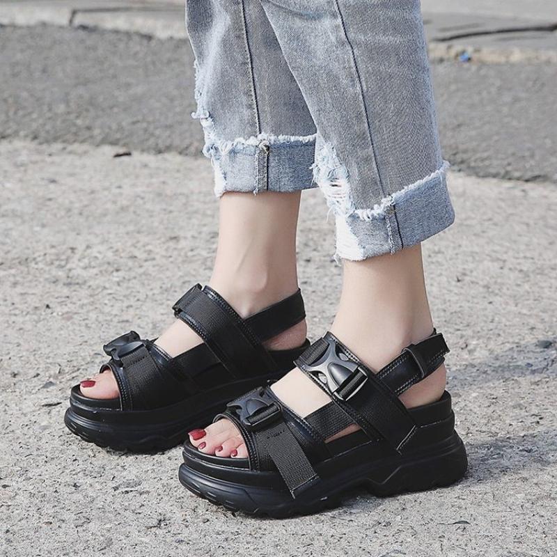 

Women Platform High Heels Shoes Wedge Heels Slides Casual Peep Toe Beach Thick Bottom Flip Flops Female Sandals 35 чёрный