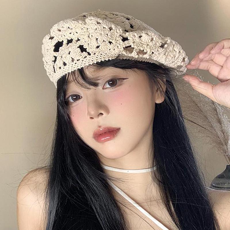 Summer Women'S Solid Color Flower Hollow Beret French Vintage Painter Hat
