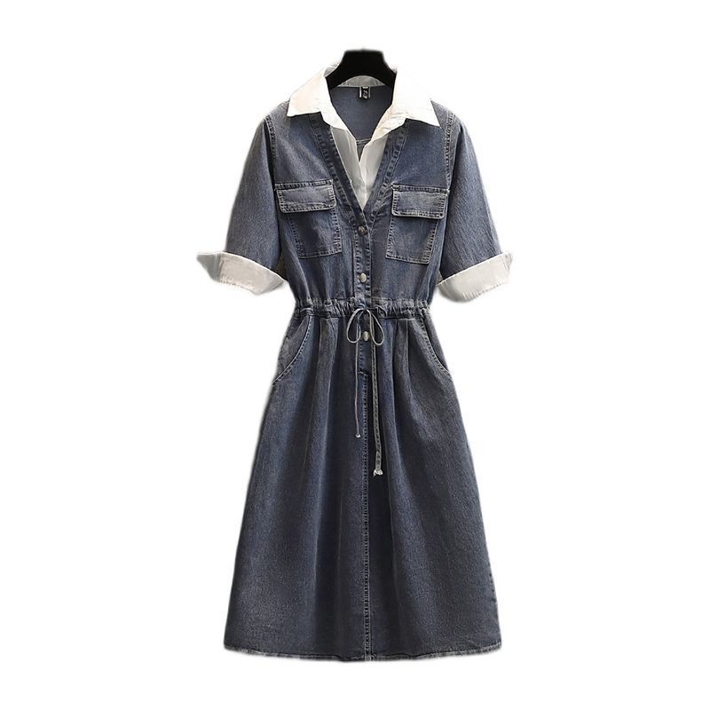 Mid Length Jeans Dress Women Chic Denim Dresses Streetwear POLO Collar Half Sleeve Elegant Y2k Casual Party A Line Vestidos