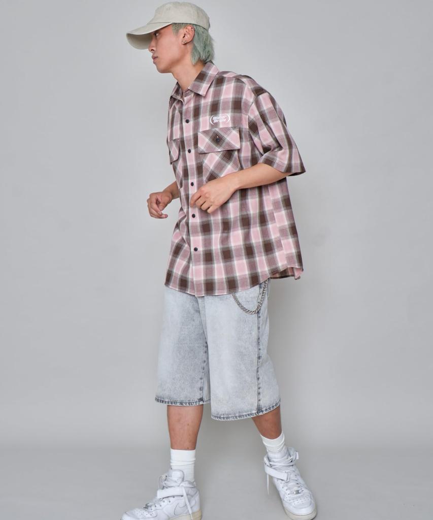 WEGO Short Sleeve Graphic Short Sleeve Summer Size Pink Shirt, Ombré Check, Top, Clothing, Streetwear, Men's, L,