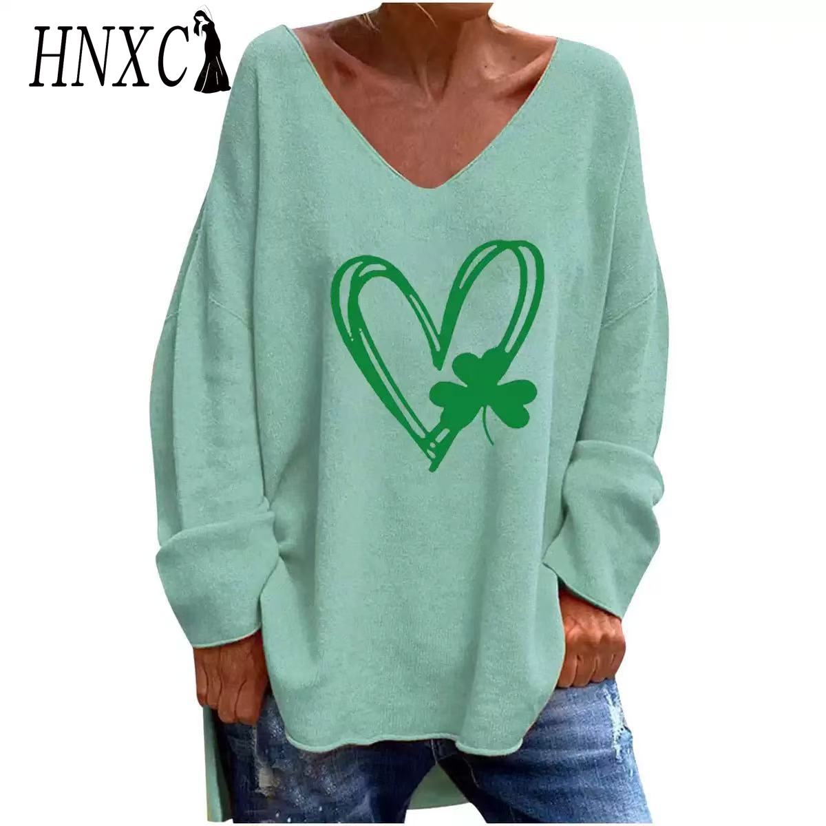 

HNXC Осень-зима женская однотонная свободная повседневная удобная футболка с v-образным вырезом и длинным рукавом S