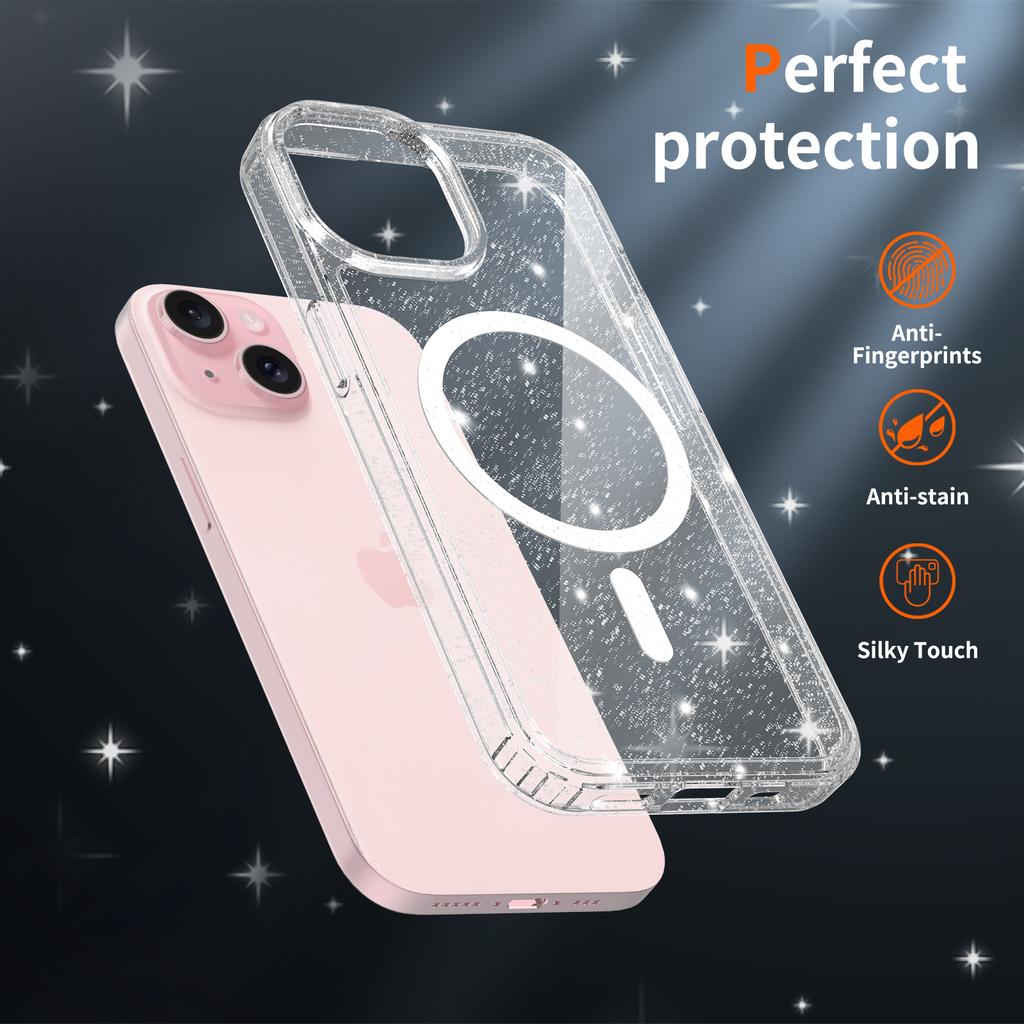 Anti-Yellowing Glitter Clear Cute Case for Magsafe Iphone 17 Air 16 E 15 15Pro 14 Plus 13 Pro Max 13Pro 14Pro 16Pro 17Pro Mag Safe Phone Cover