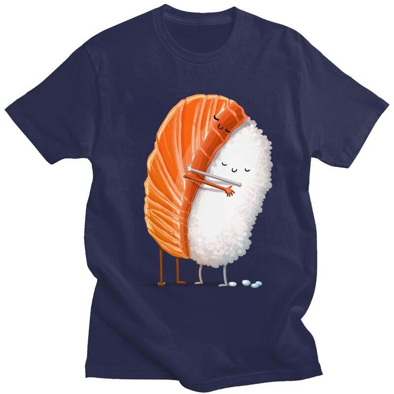Anpassade Söta Sushi-Kram T-shirts för Män Kortärmad Fritids-T-shirt Cool Tecknad Japansk Mat T-shirt Lös Passform 100% Bomull T-shirts