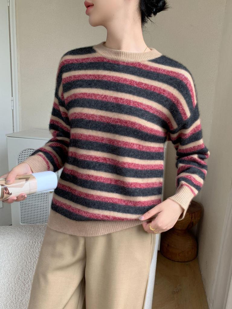 2025 Women's Loose Cashmere Stripe Sweater, Round Neck Knitwear for Autumn/Winter