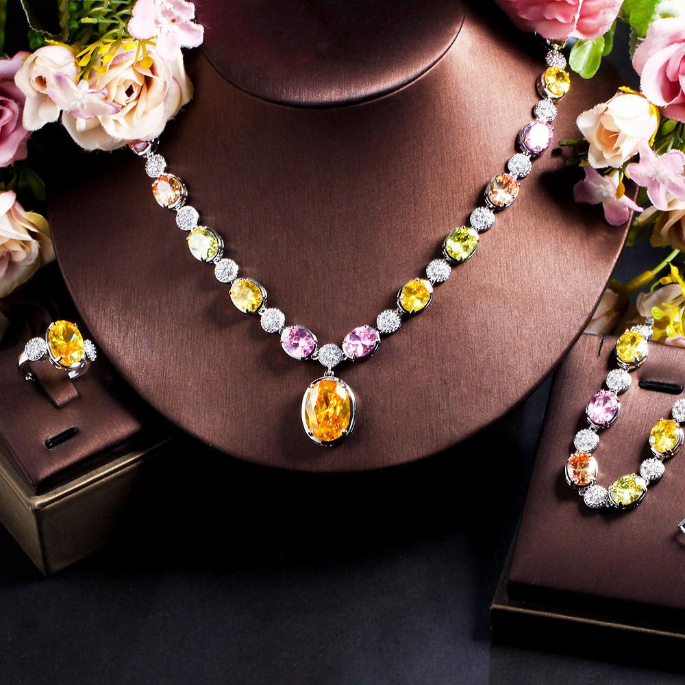 Banquet Dress With Chain Color Zircon Necklace Earrings Ring Bracelet Four-Piece Set