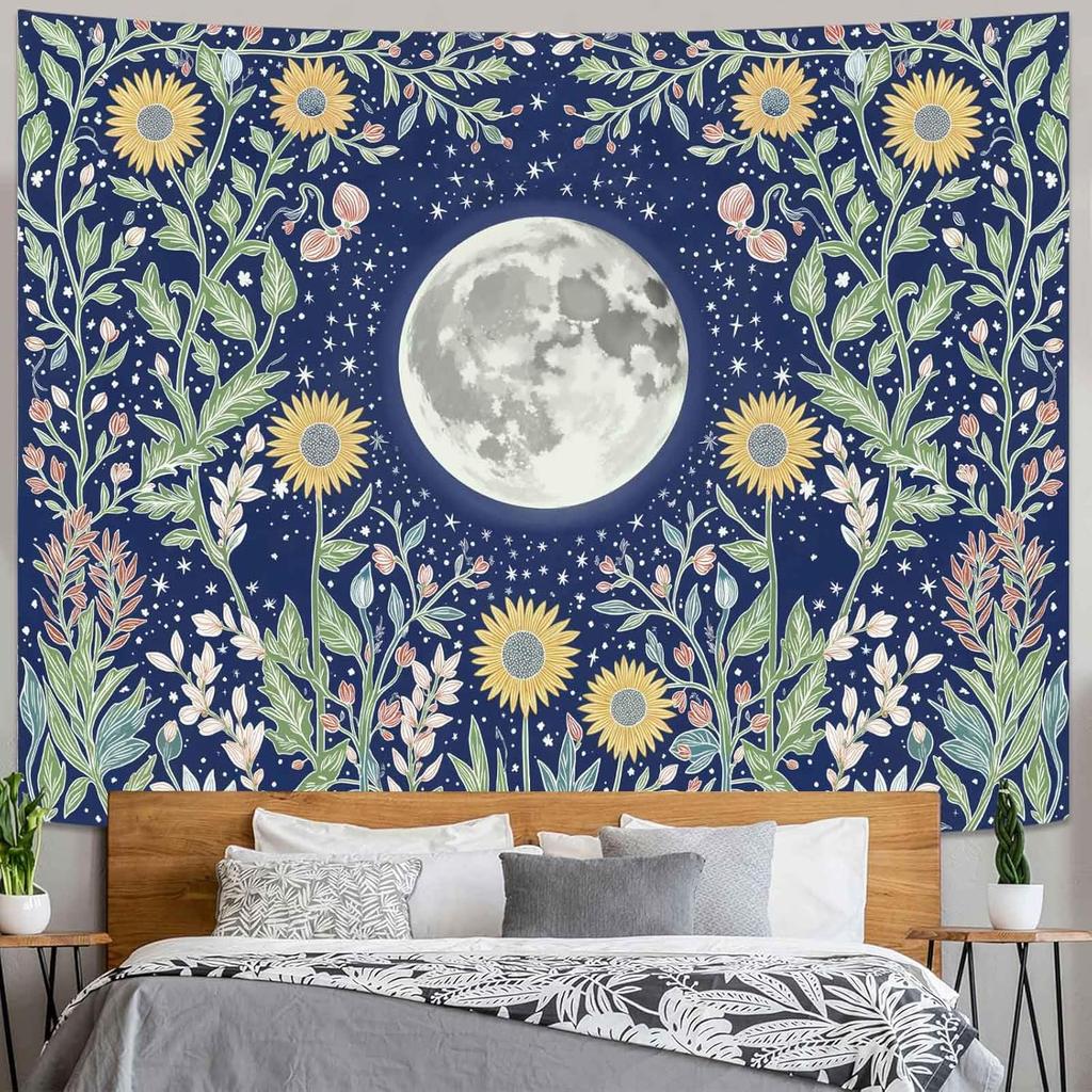 Celestial Sun Mushroom Skull Wall Tapestry  Moon Phase Botanical Wall Hanging for Bedroom and Living Room Decor  Boho Forest