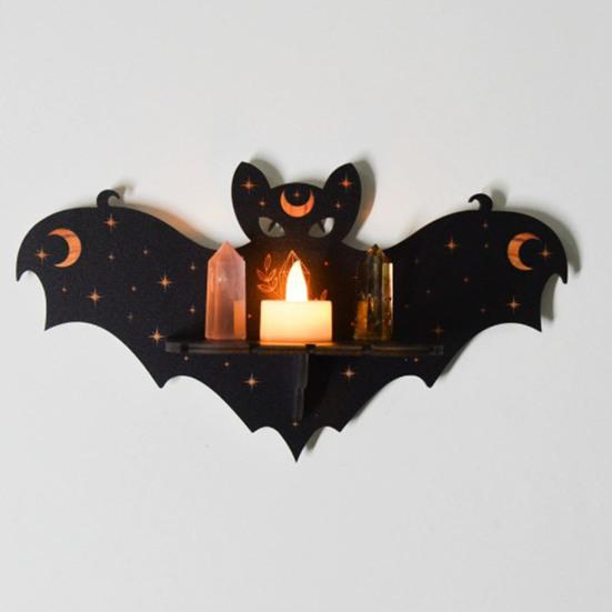 Halloween Bat Wall Floating Shelf Faux Crystal Display Shelf Wooden Candle Holder Wall Shelf Decoration Living Room Bedroom Bathroom Storage Rack