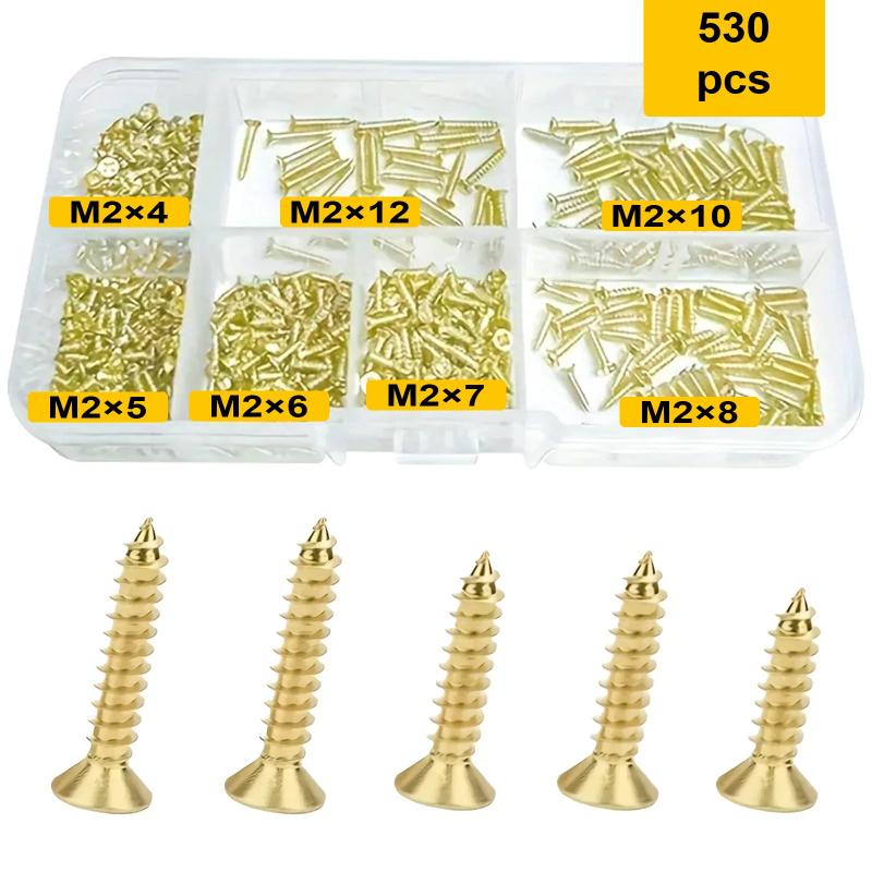 530PCS M2 Gold Countersunk Cross Self Tapping Screw Set, DIY Woodworking Fastening Tool