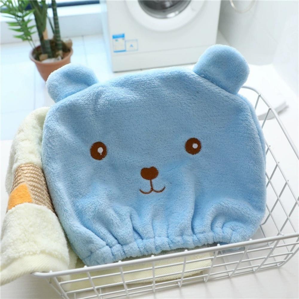 Quick Drying Hair Towel Cap For Women Thin Absorbent Microfiber Korean Cute Bear Embroidered Shower Cap синий