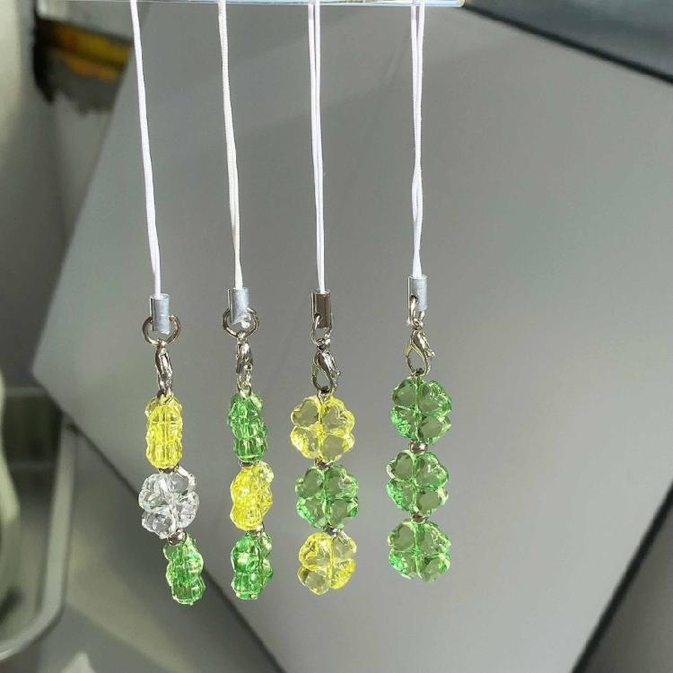 Fashion Beaded Phone Charm Lanyard for Women Girls Crystal Four Leaf Clovers Keyring Stylish Keychain Bag Purse Pendant