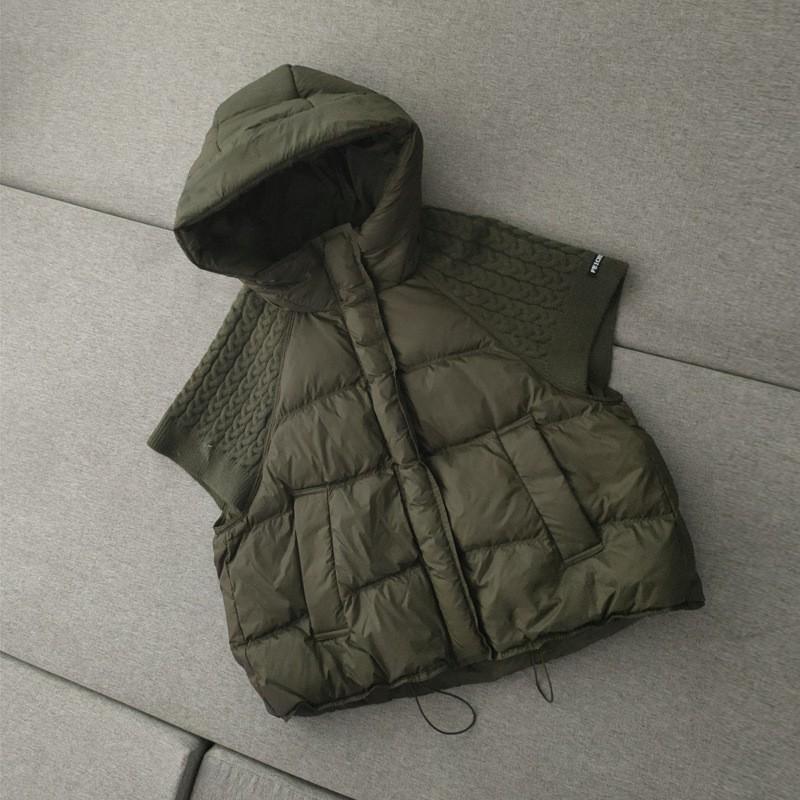 Gilet Court Matelassé Femme Avec Capuche Garnissage Duvet de Canard Panneau en Maille Détail Grande Taille Coupe Ample Hiver Chaud Vêtement d'Extérieur